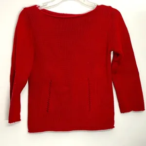 🌞 DKNY red boat neck pullover sweater 3/4 sleeves open knit lines front S
