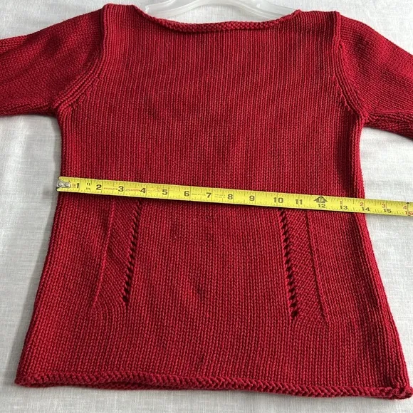 🌞 DKNY red boat neck pullover sweater 3/4 sleeves open knit lines front S
