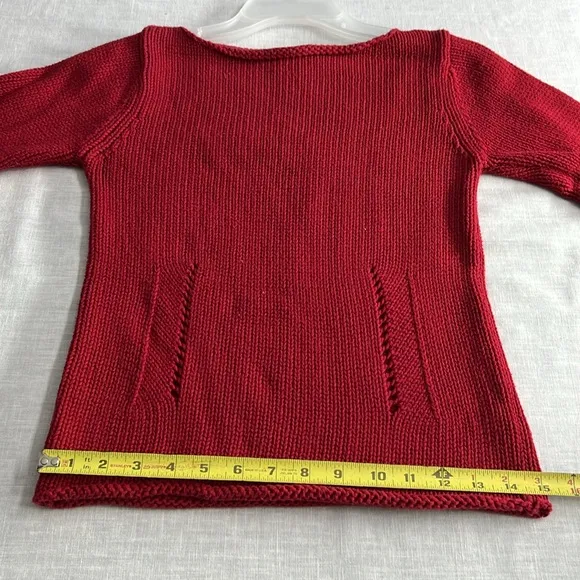 🌞 DKNY red boat neck pullover sweater 3/4 sleeves open knit lines front S