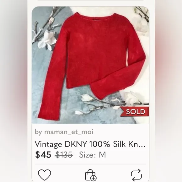 🌞 DKNY red boat neck pullover sweater 3/4 sleeves open knit lines front S