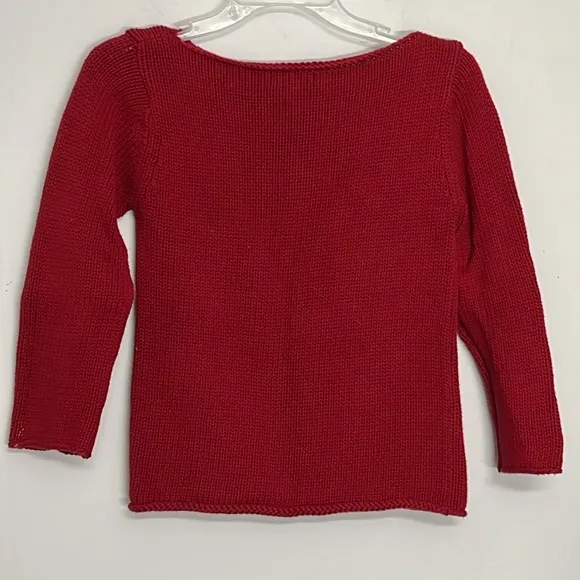 🌞 DKNY red boat neck pullover sweater 3/4 sleeves open knit lines front S