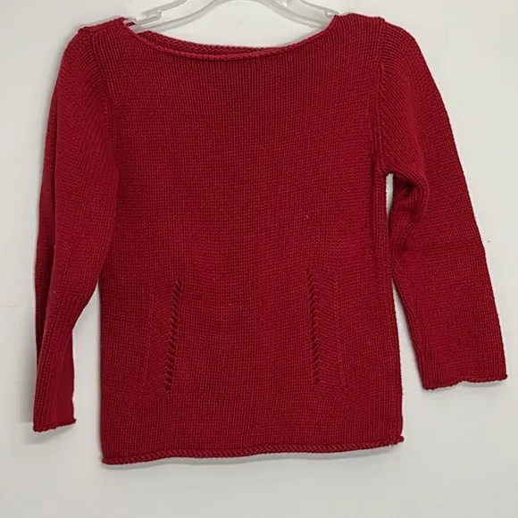 🌞 DKNY red boat neck pullover sweater 3/4 sleeves open knit lines front S