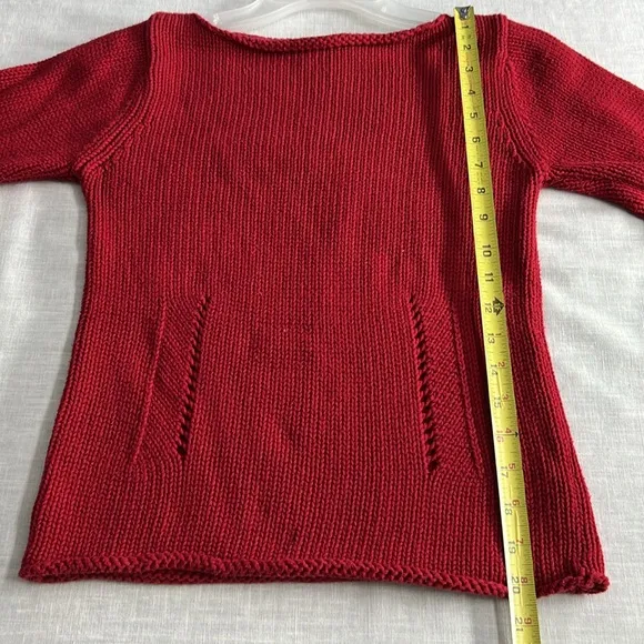 🌞 DKNY red boat neck pullover sweater 3/4 sleeves open knit lines front S