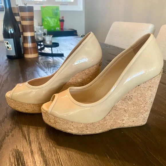 ♥️ Jimmy Choo, ‘Papina’ Patent Leather, Peep-Toe Wedges ♥️ Size 37 1/2 ♥️ NUDE