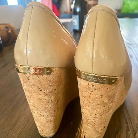 ♥️ Jimmy Choo, ‘Papina’ Patent Leather, Peep-Toe Wedges ♥️ Size 37 1/2 ♥️ NUDE
