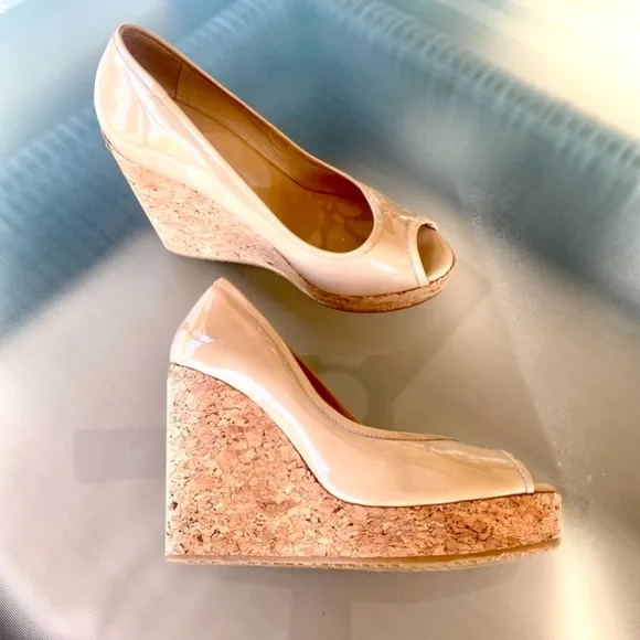 ♥️ Jimmy Choo, ‘Papina’ Patent Leather, Peep-Toe Wedges ♥️ Size 37 1/2 ♥️ NUDE