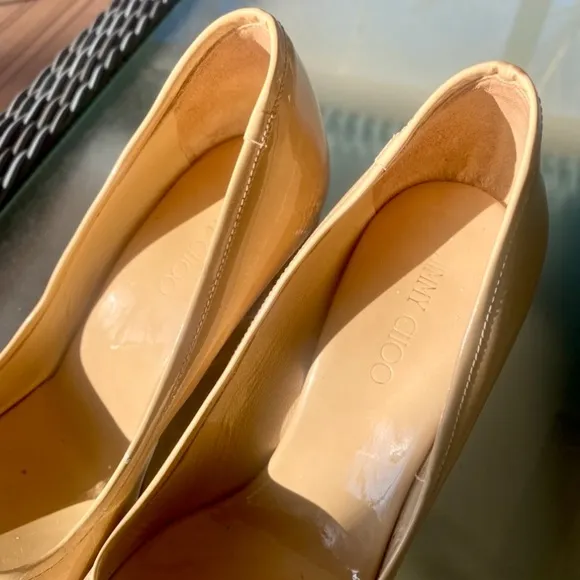 ♥️ Jimmy Choo, ‘Papina’ Patent Leather, Peep-Toe Wedges ♥️ Size 37 1/2 ♥️ NUDE