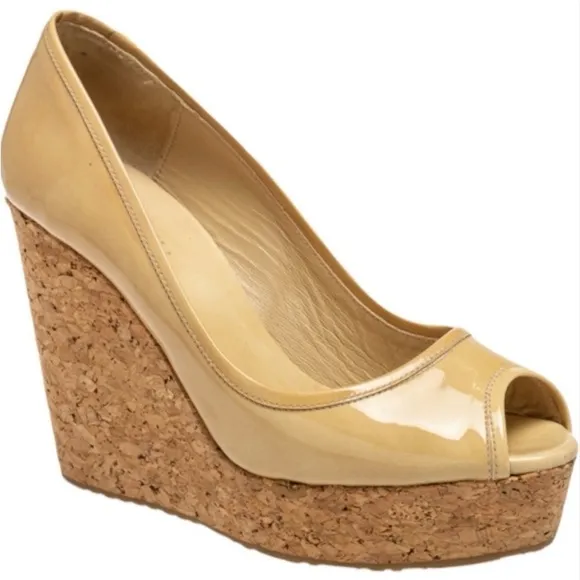 ♥️ Jimmy Choo, ‘Papina’ Patent Leather, Peep-Toe Wedges ♥️ Size 37 1/2 ♥️ NUDE