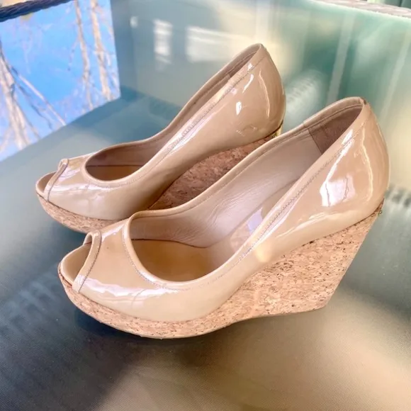 ♥️ Jimmy Choo, ‘Papina’ Patent Leather, Peep-Toe Wedges ♥️ Size 37 1/2 ♥️ NUDE