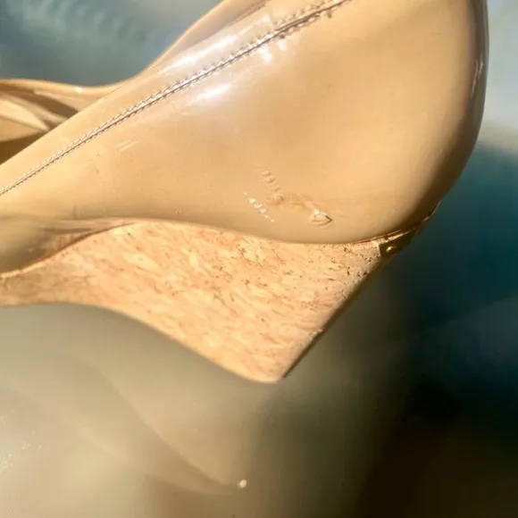 ♥️ Jimmy Choo, ‘Papina’ Patent Leather, Peep-Toe Wedges ♥️ Size 37 1/2 ♥️ NUDE