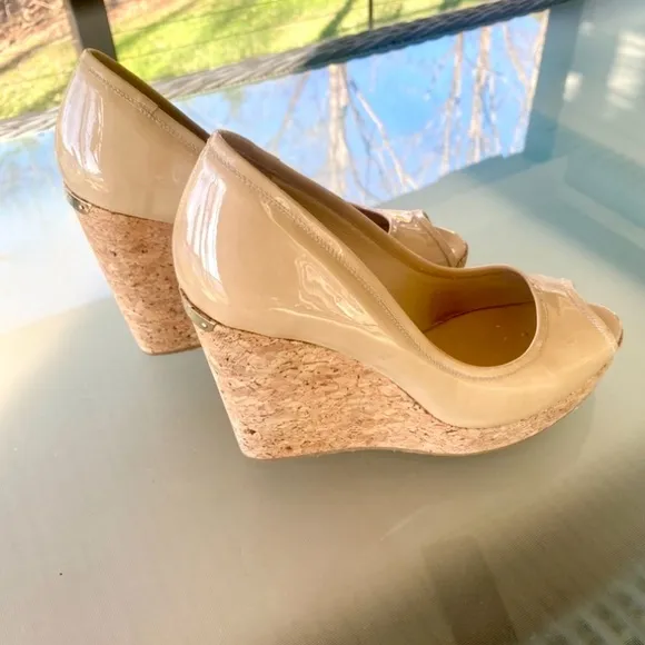 ♥️ Jimmy Choo, ‘Papina’ Patent Leather, Peep-Toe Wedges ♥️ Size 37 1/2 ♥️ NUDE