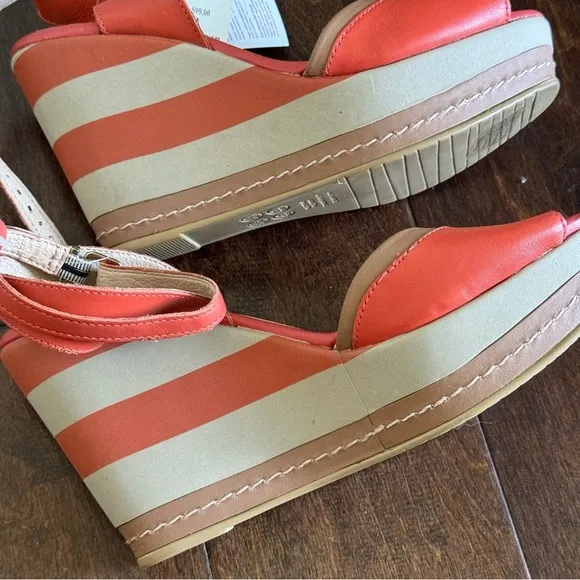 🛍️ Malu Super Comfort Orange Striped Open Toe Ankle Strap Wedges Size 8 NWT