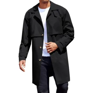 💫 Men Black Mid Long Trench Coat Single Breasted Slim Fit Casual Fall Jackets