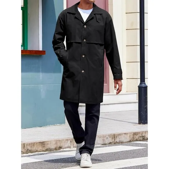 💫 Men Black Mid Long Trench Coat Single Breasted Slim Fit Casual Fall Jackets