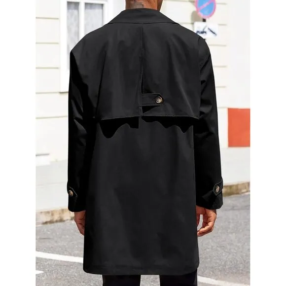 💫 Men Black Mid Long Trench Coat Single Breasted Slim Fit Casual Fall Jackets