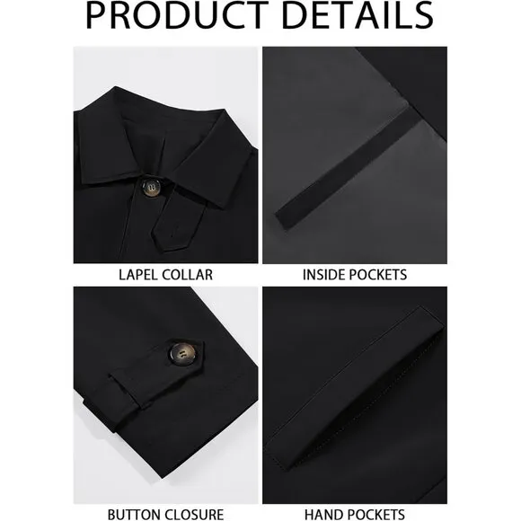 💫 Men Black Mid Long Trench Coat Single Breasted Slim Fit Casual Fall Jackets