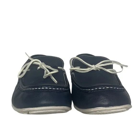 - Rockport Navy &amp; White Leather Boat Loafer Shoe Moccasin Rubber Sole