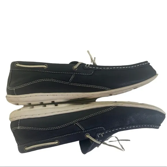 - Rockport Navy &amp; White Leather Boat Loafer Shoe Moccasin Rubber Sole