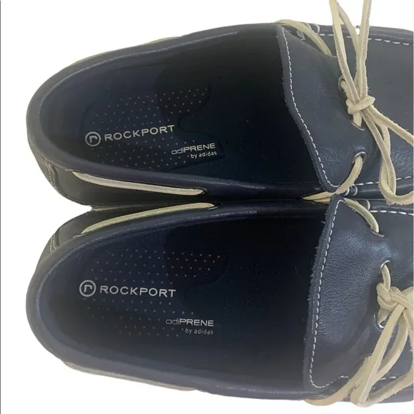 - Rockport Navy &amp; White Leather Boat Loafer Shoe Moccasin Rubber Sole