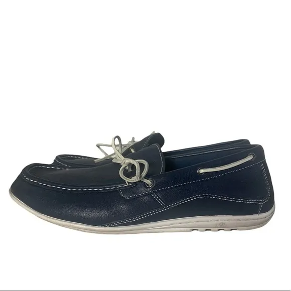 - Rockport Navy &amp; White Leather Boat Loafer Shoe Moccasin Rubber Sole