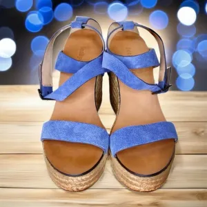 🐧🆕 See by Chloe Blue Suede Platform Sandals Wedges Ankle Straps Buckle Closure