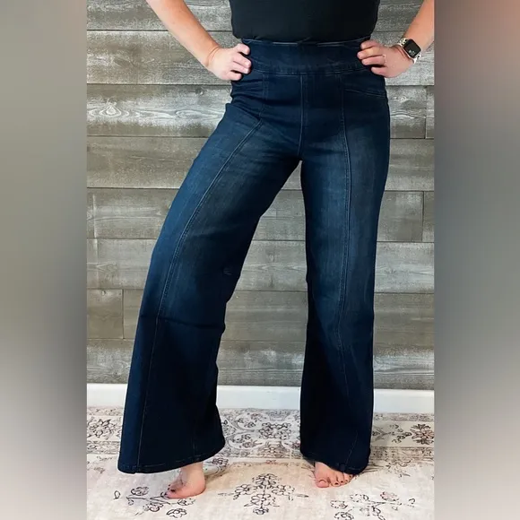 1822 Denim Petite Pull On Elastic Waist Wide Leg Jeans Ab-solve Tummy Control