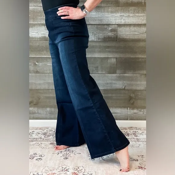 1822 Denim Petite Pull On Elastic Waist Wide Leg Jeans Ab-solve Tummy Control