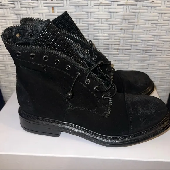 275 CENTRAL Women’s Black Suede Glitter Tongue Lace Up Combat Style Boots NEW