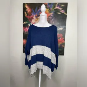 360 Cashmere Blue Gray Striped Slouchy Boat Neck Sweater Oversized Cozy Soft S