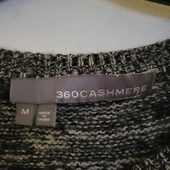 360 Cashmere Wool Striped Gray Black Long Sleeve Hi Lo Hem Sweater Size Medium