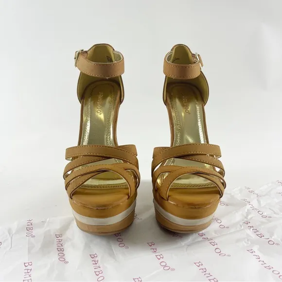 #436 NIB NWT BAMBOO Skyline Brown Tan Beige Platform Wedges Sandals