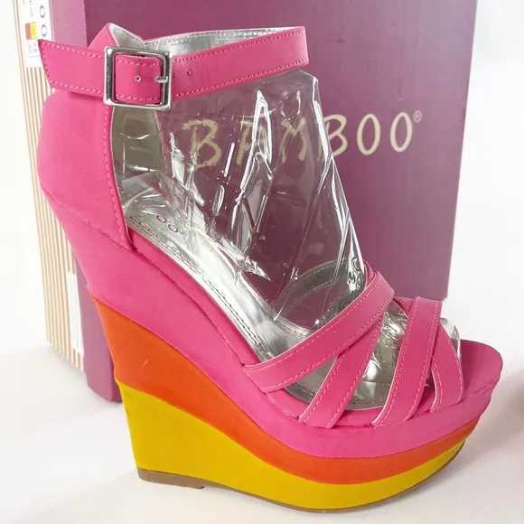 #437 BAMBOO Hot Skyline Pink Orange Yellow Platform Wedges