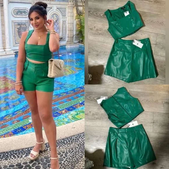 7 For All Mankind- Revolve green faux leather matching 2 piece shorts coord set