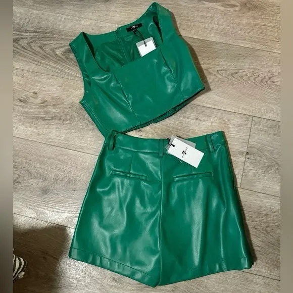 7 For All Mankind- Revolve green faux leather matching 2 piece shorts coord set