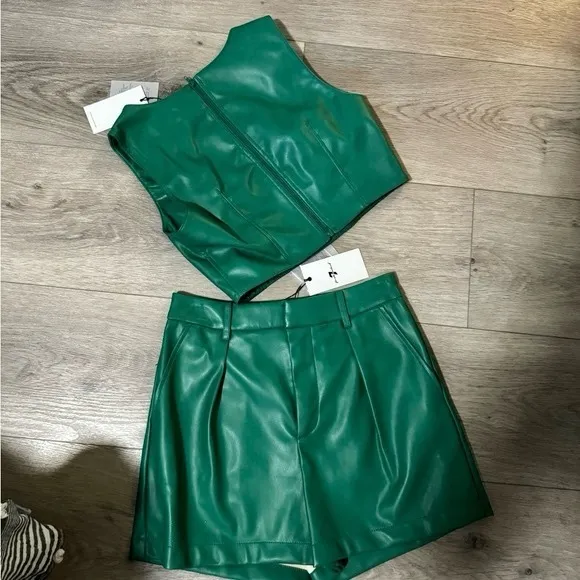 7 For All Mankind- Revolve green faux leather matching 2 piece shorts coord set