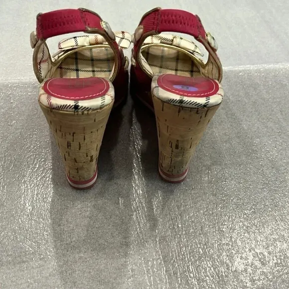 [8B]Coach Twirlino Twirling Open Toe Cork Wedges Bow Detail Pink Plaid