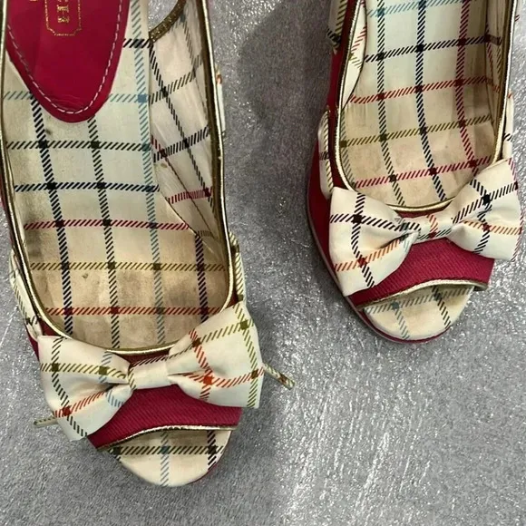 [8B]Coach Twirlino Twirling Open Toe Cork Wedges Bow Detail Pink Plaid