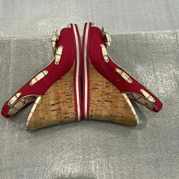 [8B]Coach Twirlino Twirling Open Toe Cork Wedges Bow Detail Pink Plaid
