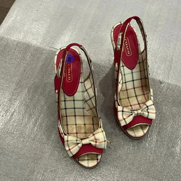 [8B]Coach Twirlino Twirling Open Toe Cork Wedges Bow Detail Pink Plaid