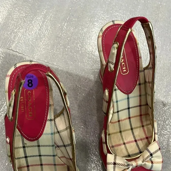[8B]Coach Twirlino Twirling Open Toe Cork Wedges Bow Detail Pink Plaid