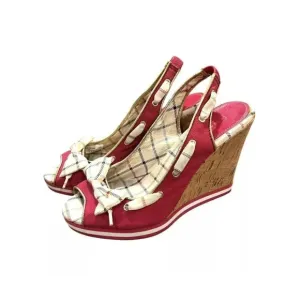 [8B]Coach Twirlino Twirling Open Toe Cork Wedges Bow Detail Pink Plaid