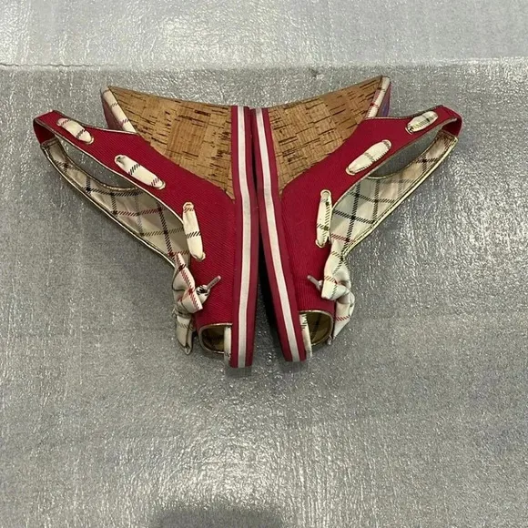 [8B]Coach Twirlino Twirling Open Toe Cork Wedges Bow Detail Pink Plaid