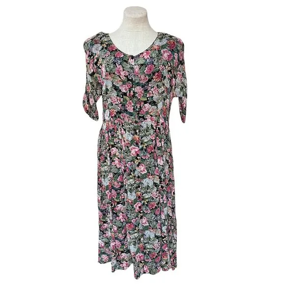 90s Vintage Floral Print Casual Day Dress Short Sleeve Fit   Flare Full Button