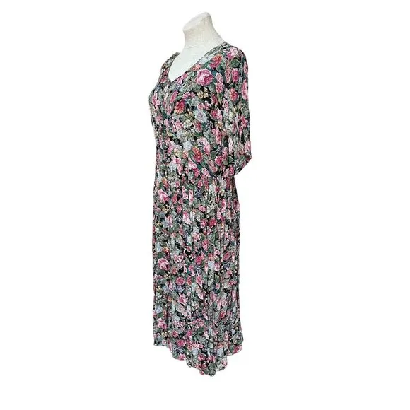 90s Vintage Floral Print Casual Day Dress Short Sleeve Fit   Flare Full Button