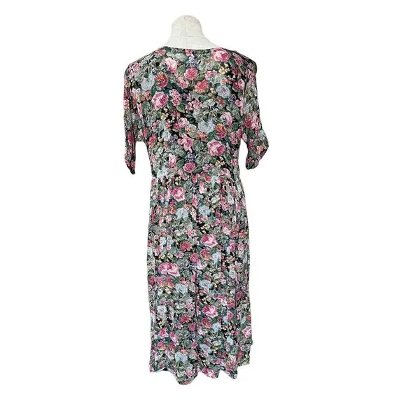 90s Vintage Floral Print Casual Day Dress Short Sleeve Fit   Flare Full Button
