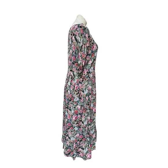 90s Vintage Floral Print Casual Day Dress Short Sleeve Fit   Flare Full Button