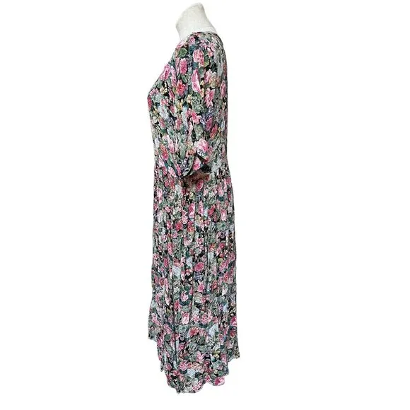 90s Vintage Floral Print Casual Day Dress Short Sleeve Fit   Flare Full Button