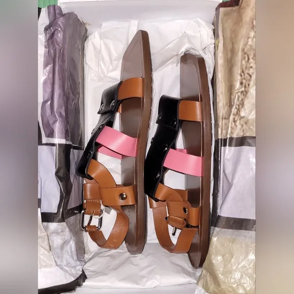 $925 PLAN C Women's Brown Colorblock Touch Strap Sandal Shoes Size 38 EU/8 US
