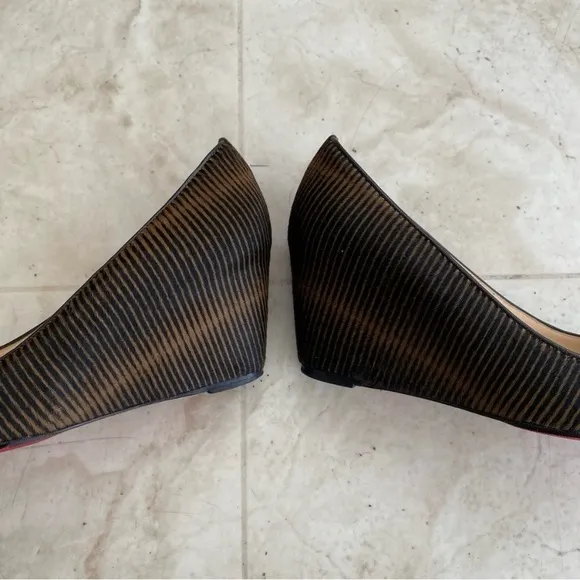 $945 Christian Louboutin Made in Italy Pony Hair Striped Print Wedges size 6.5