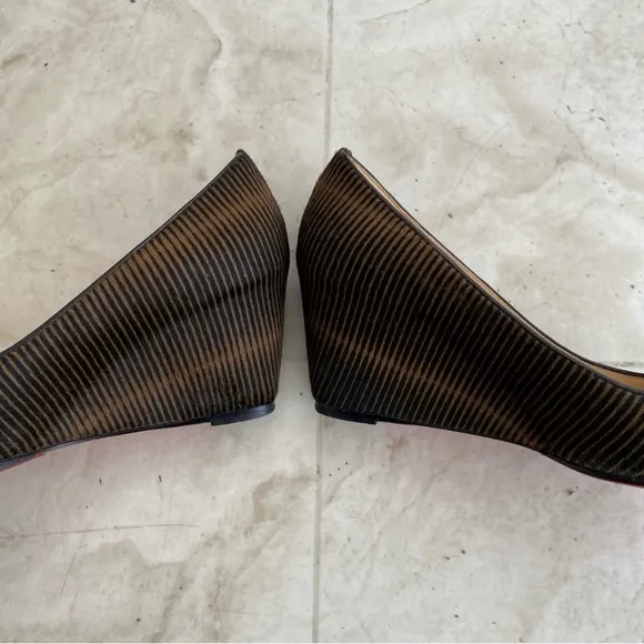 $945 Christian Louboutin Made in Italy Pony Hair Striped Print Wedges size 6.5